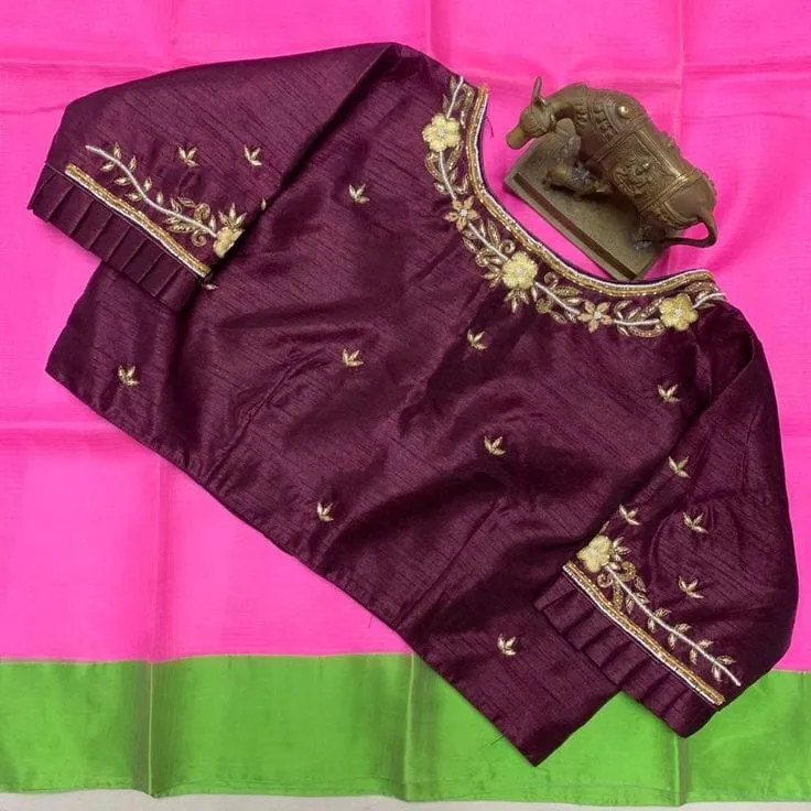Deep Plum Silk Saree Blouse | Floral Maggam Work Boat Neck & Pleated Frill Cuff Sleeve Blouse
