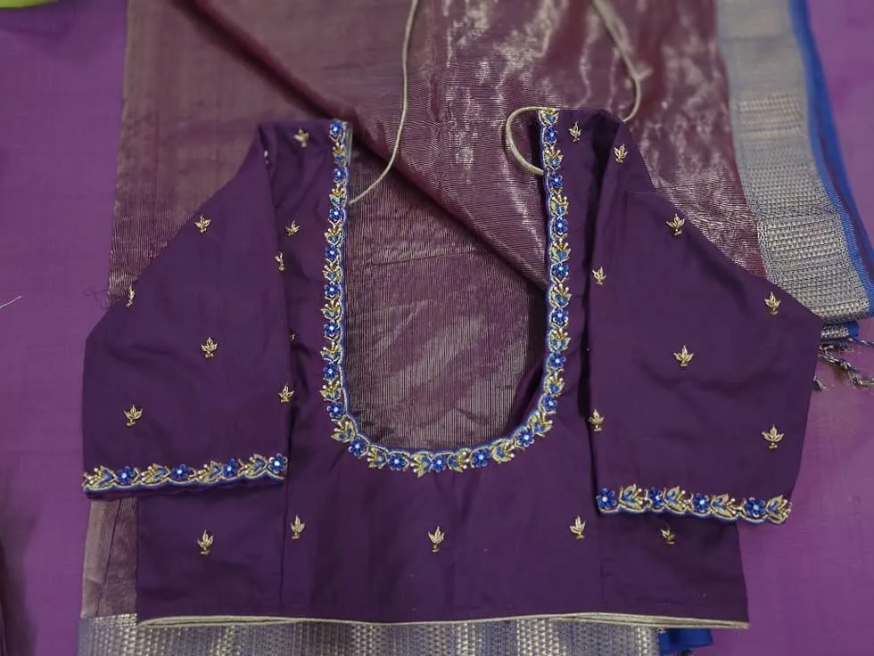 Deep Purple Aari Work Blouse | Handcrafted Royal Blue Floral & Gold Zari Silk Saree Blouse 1