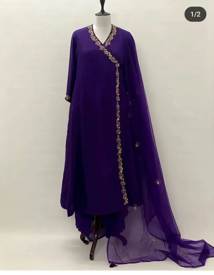 Deep Purple Hand Embroidered Angrakha Anarkali | Festive Ethnic Suit with Net Dupatta