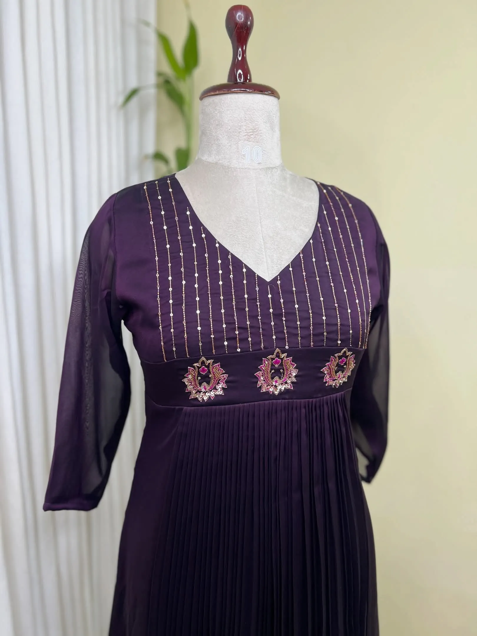 Deep Purple Pleated Anarkali Dress | Designer Embroidered Long Frock