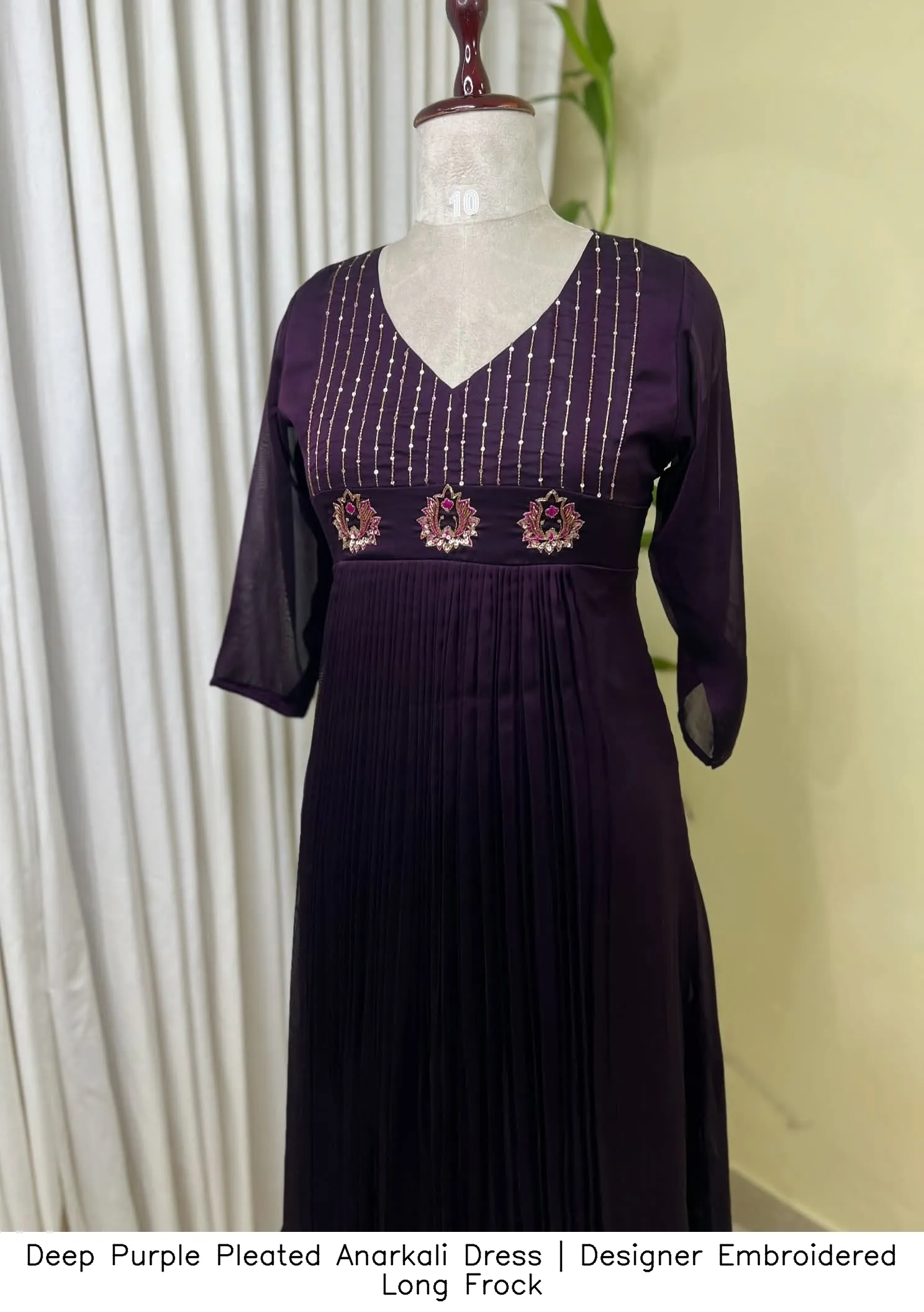Deep Purple Pleated Anarkali Dress | Designer Embroidered Long Frock 2