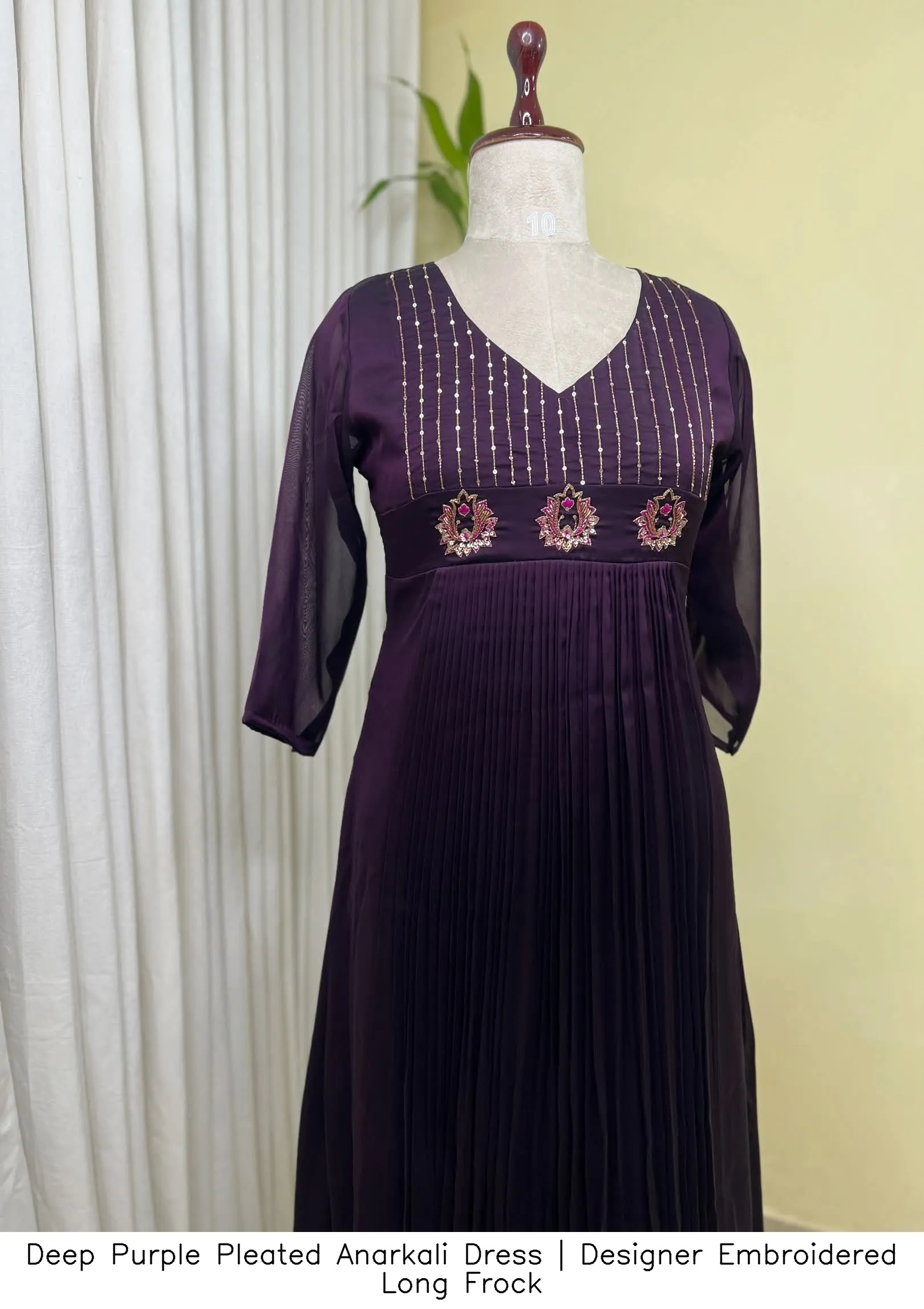 Deep Purple Pleated Anarkali Dress | Designer Embroidered Long Frock 3