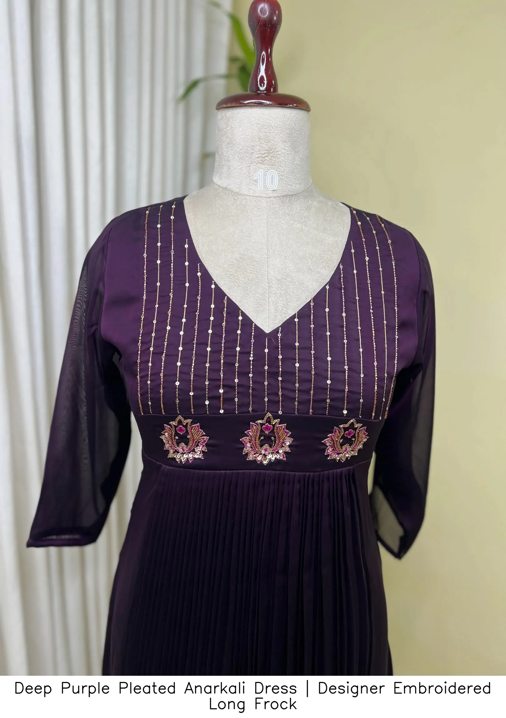 Deep Purple Pleated Anarkali Dress | Designer Embroidered Long Frock 4