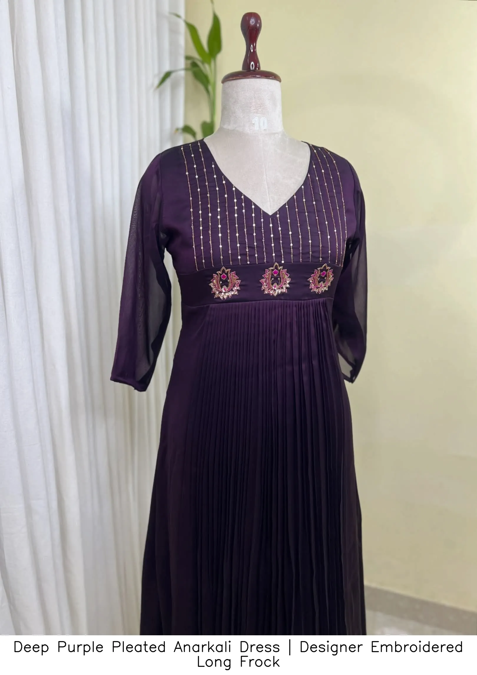 Deep Purple Pleated Anarkali Dress | Designer Embroidered Long Frock 5
