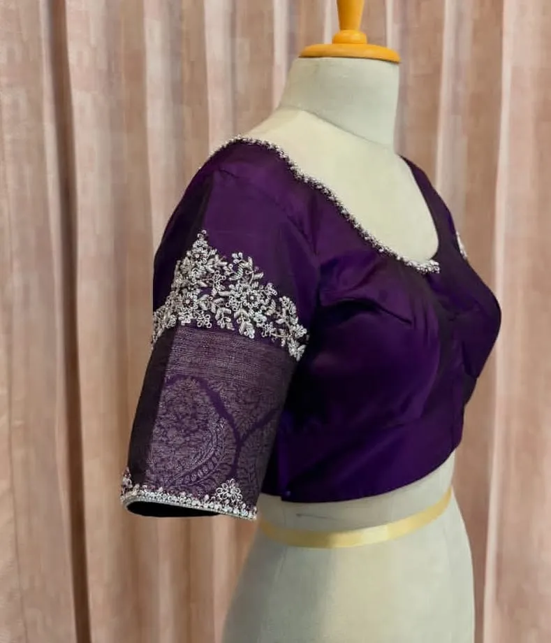 Deep Purple Raw Silk Blouse with Silver Zari Embroidery - Handcrafted Aari Work Saree Blouse with Jacquard Sleeves 1