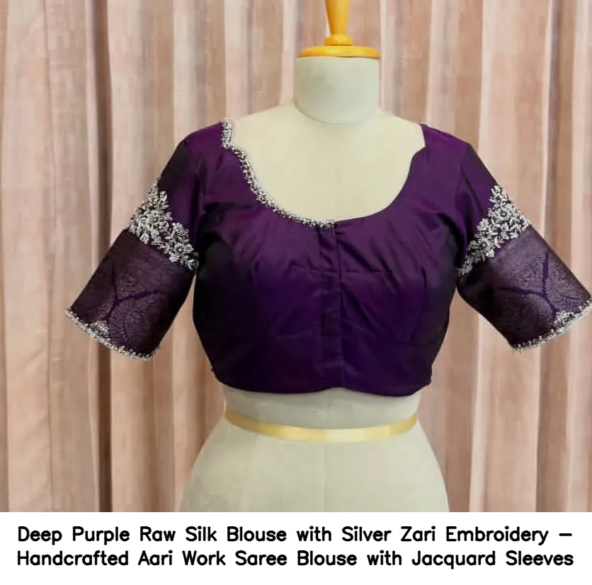 Deep Purple Raw Silk Blouse with Silver Zari Embroidery - Handcrafted Aari Work Saree Blouse with Jacquard Sleeves 2