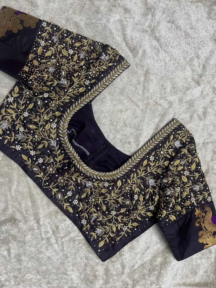 Deep Purple Silk Heavy Maggam Work Blouse | Handcrafted All-Over Floral Zardosi & Peacock Zari Border Saree Blouse