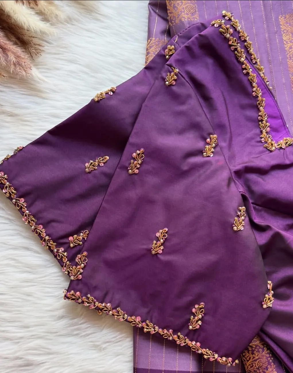 Deep Purple Silk Readymade Saree Blouse – Gold & Pink Bead Embroidery Delicate Border Blouse