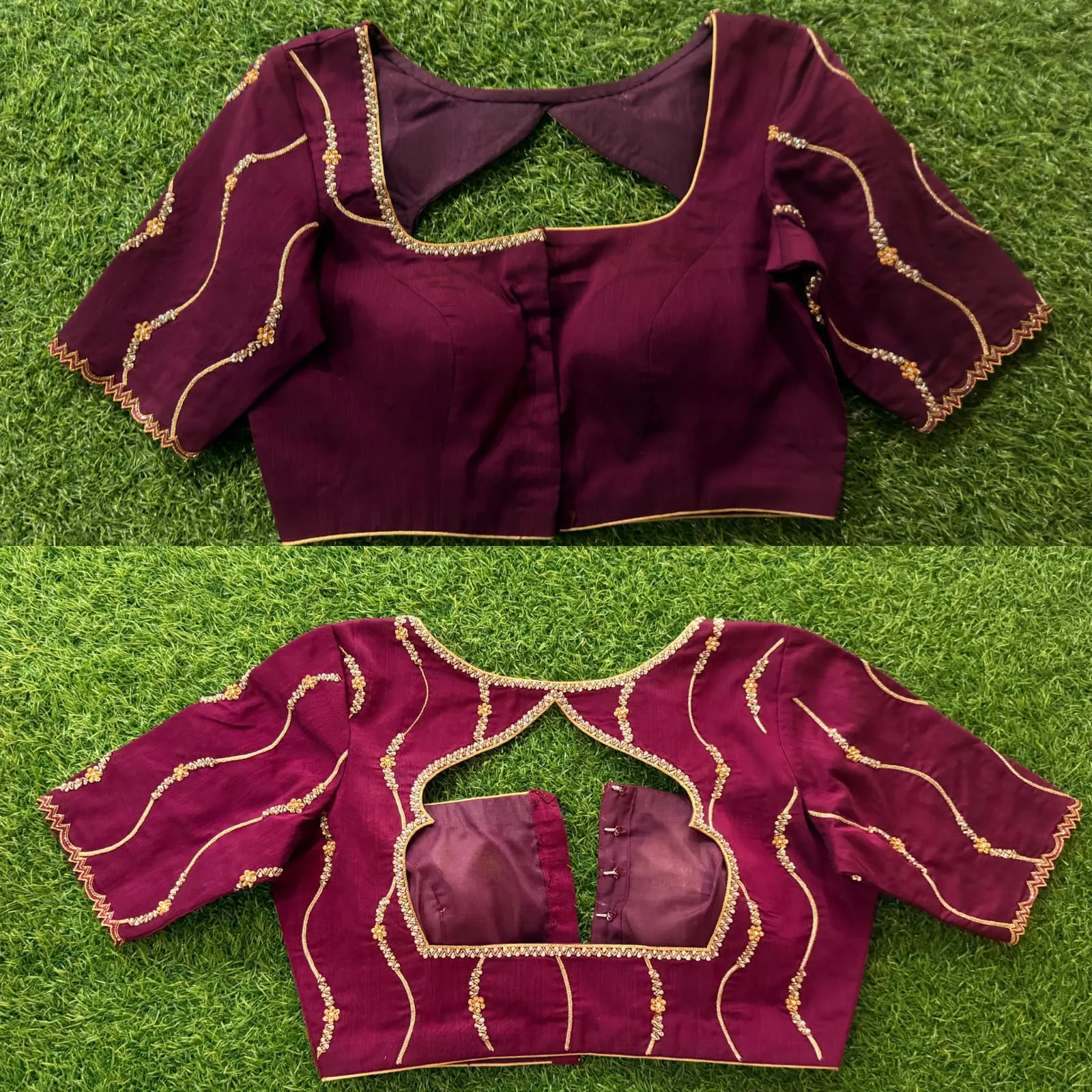 Deep Wine Silk Designer Saree Blouse with Gold Zari Line Embroidery & Cutout Keyhole Back