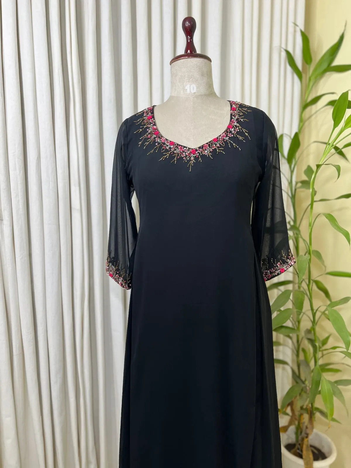 Designer Black Handworked Long Dress – Pink Floral Embroidery Party Wear Kurti