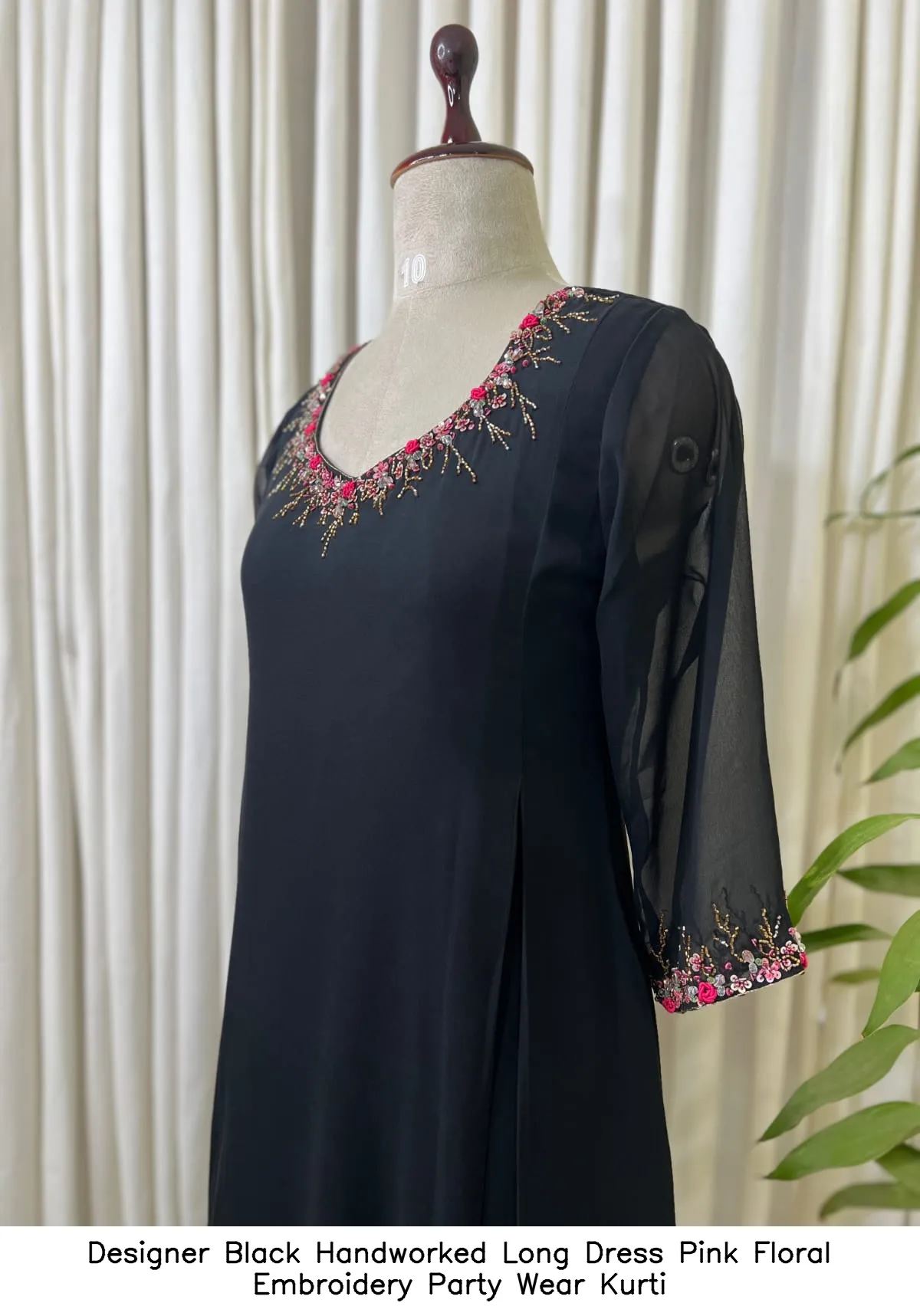Designer Black Handworked Long Dress – Pink Floral Embroidery Party Wear Kurti 2