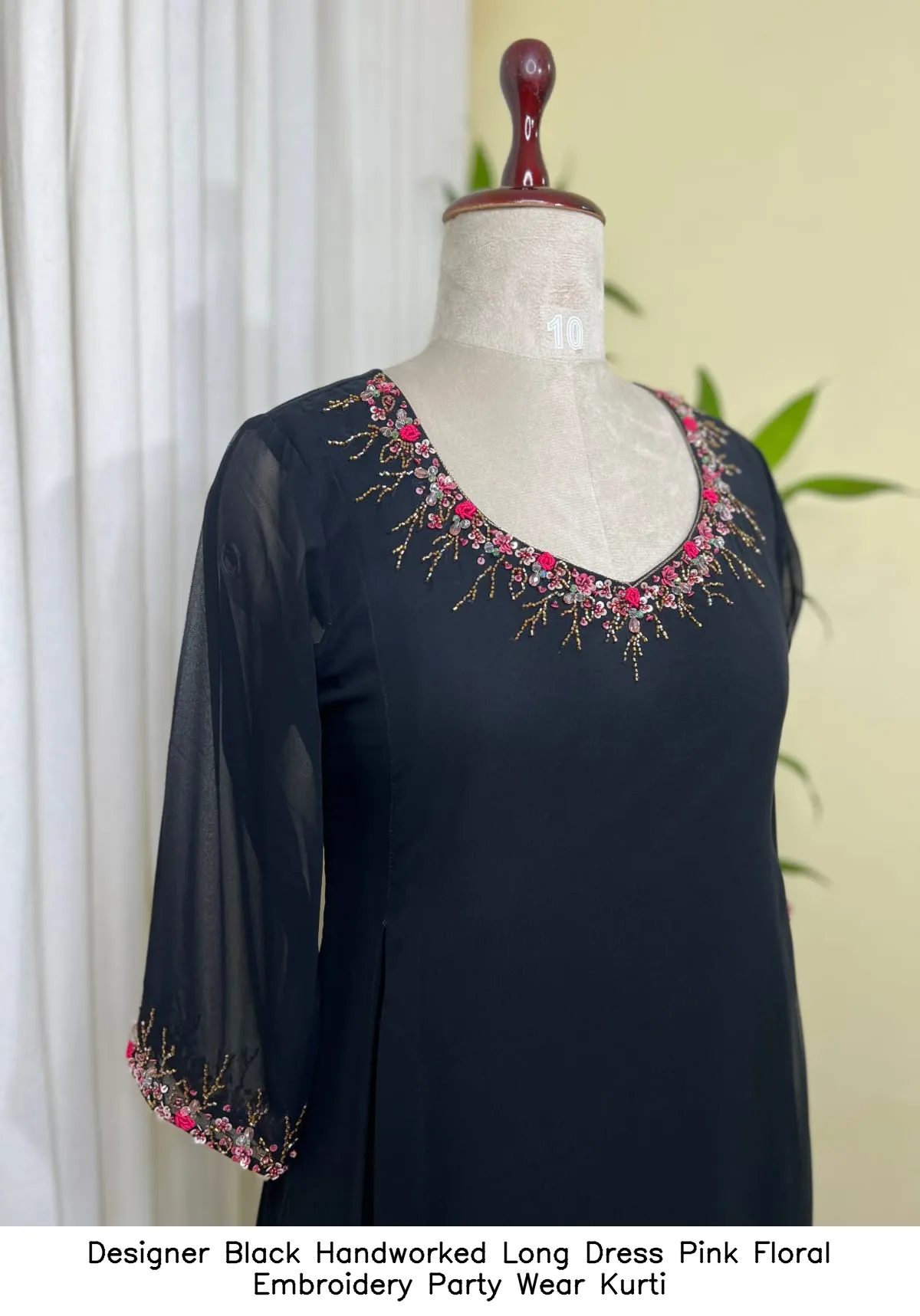 Designer Black Handworked Long Dress – Pink Floral Embroidery Party Wear Kurti 3