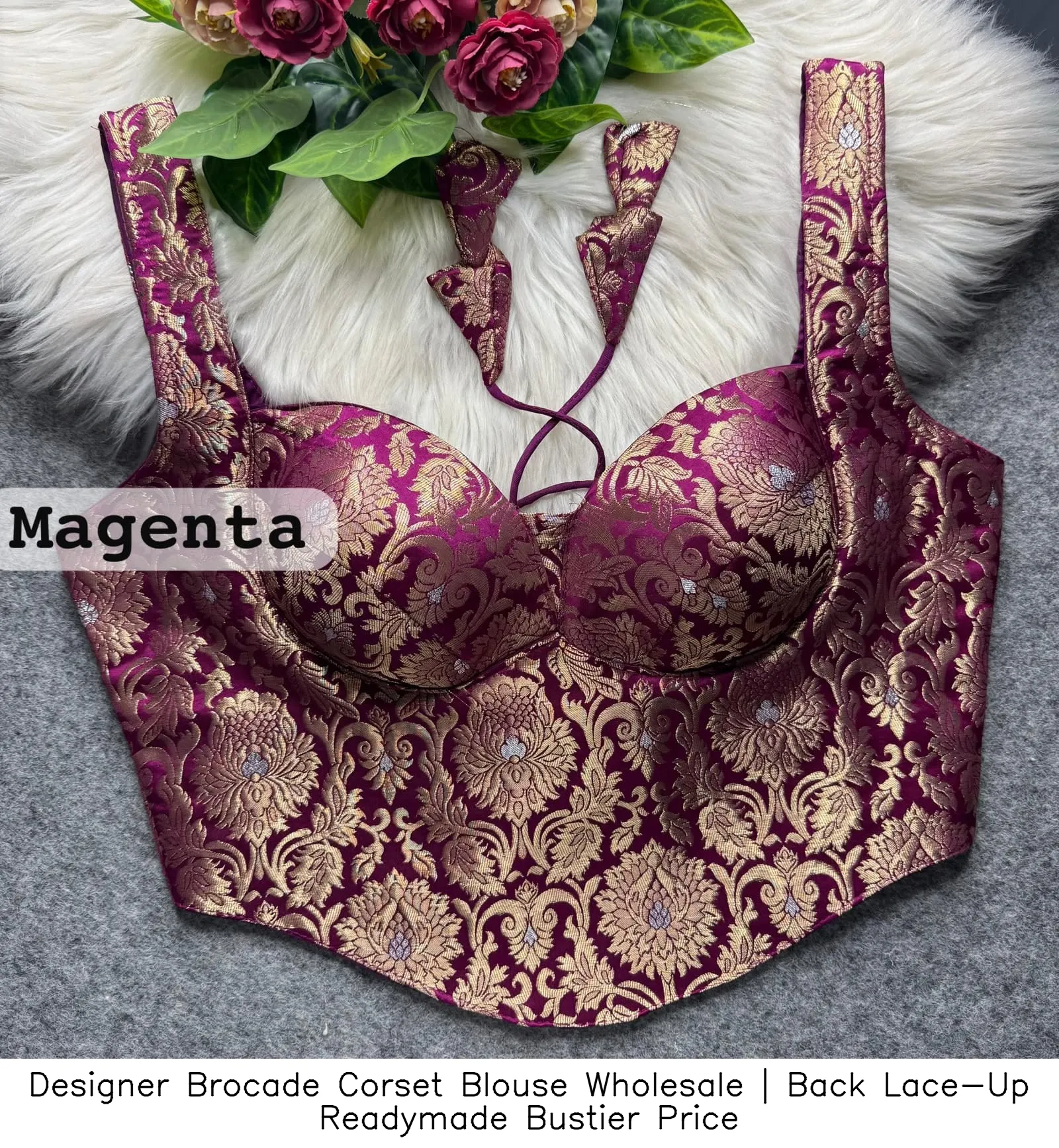 Designer Brocade Corset Blouse Wholesale | Back Lace-Up Readymade Bustier Price 15