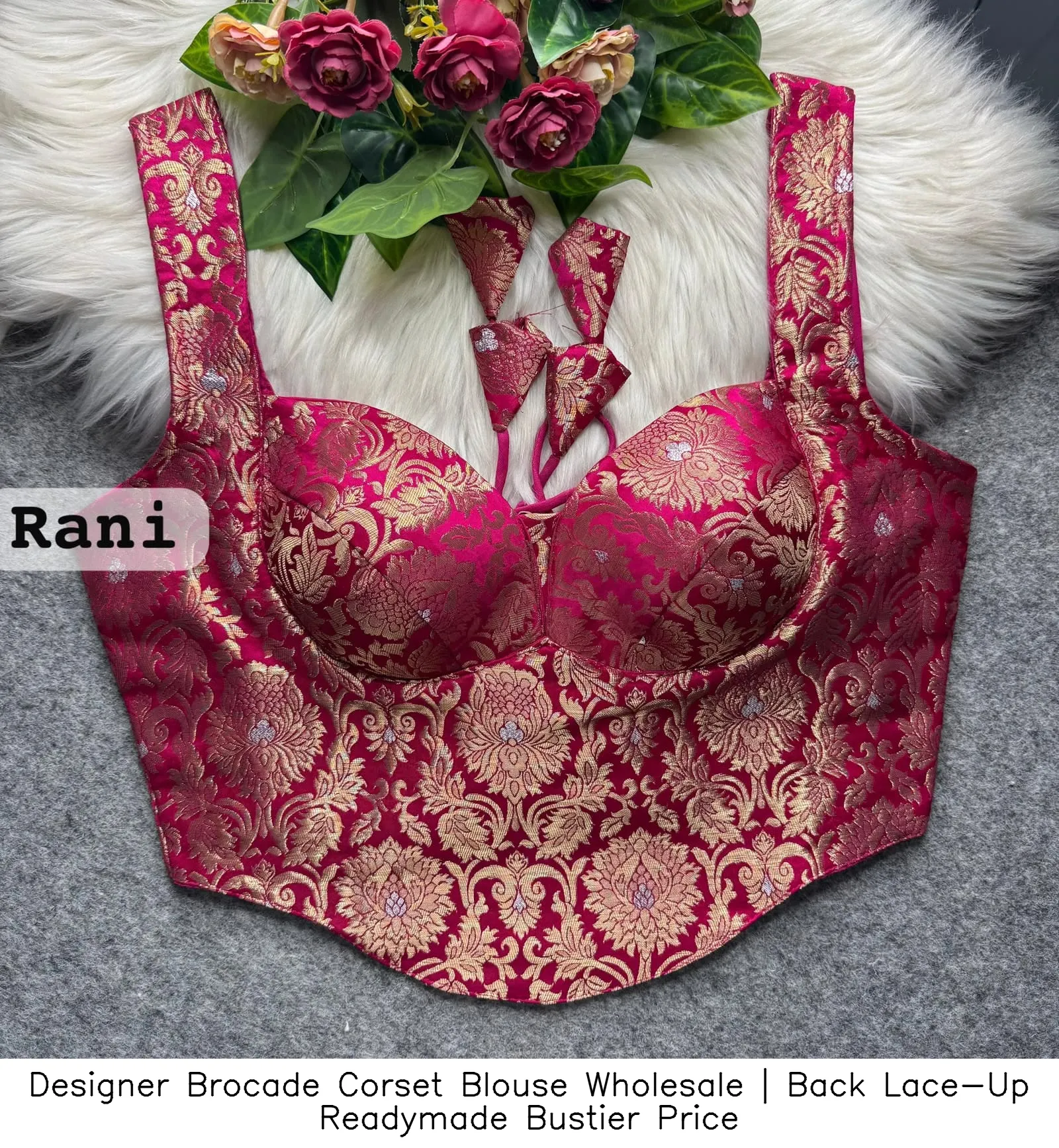 Designer Brocade Corset Blouse Wholesale | Back Lace-Up Readymade Bustier Price 4