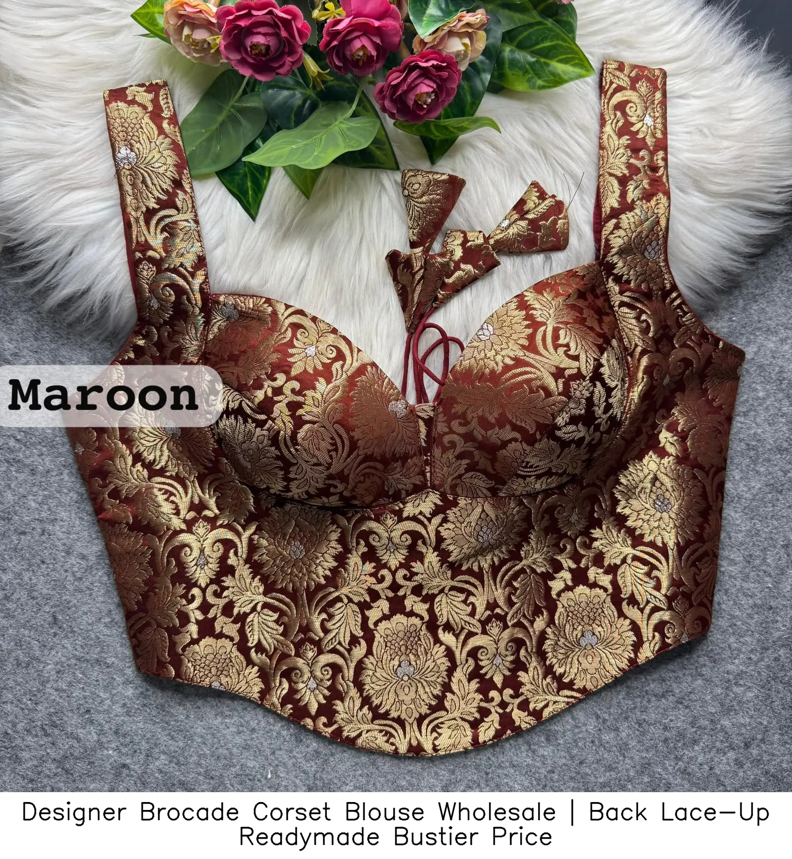 Designer Brocade Corset Blouse Wholesale | Back Lace-Up Readymade Bustier Price 8