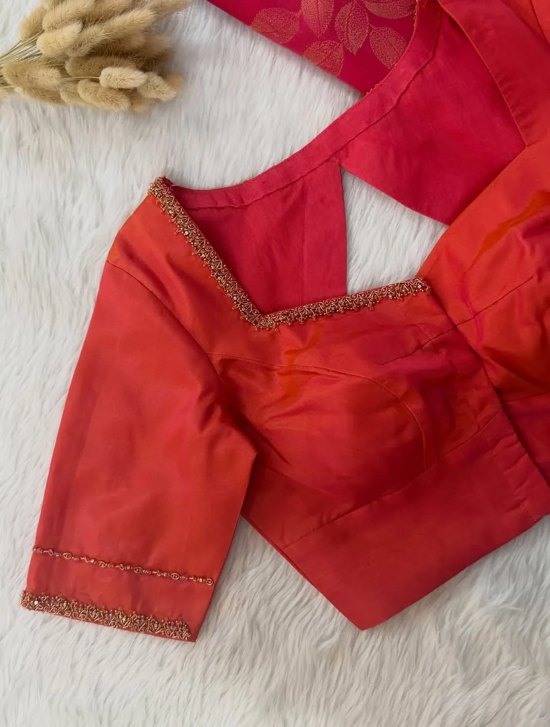 Designer Coral Orange Hand-Embroidered Silk Blouse | Intricate Maggam Work Readymade Saree Blouse