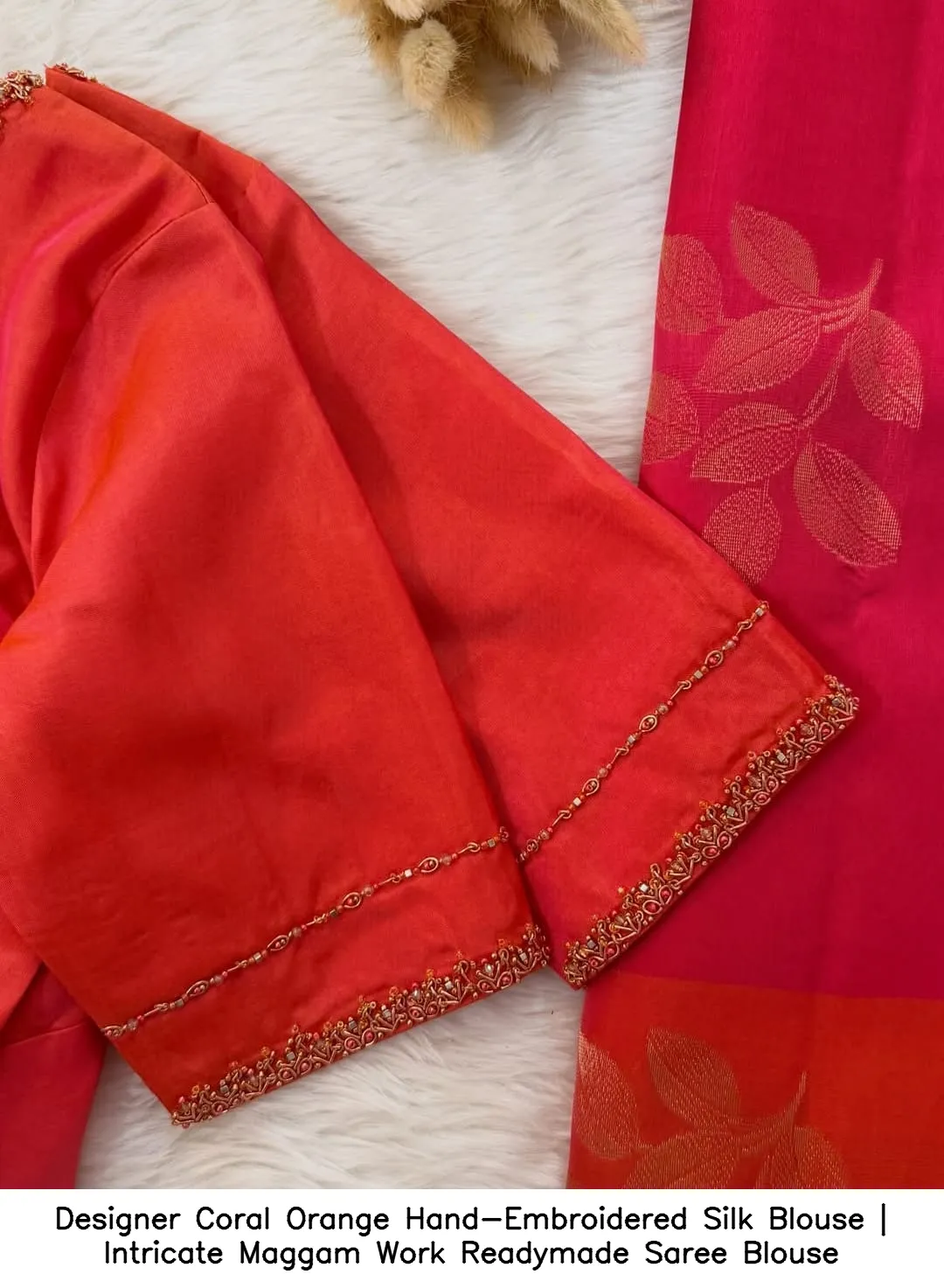 Designer Coral Orange Hand-Embroidered Silk Blouse | Intricate Maggam Work Readymade Saree Blouse 2
