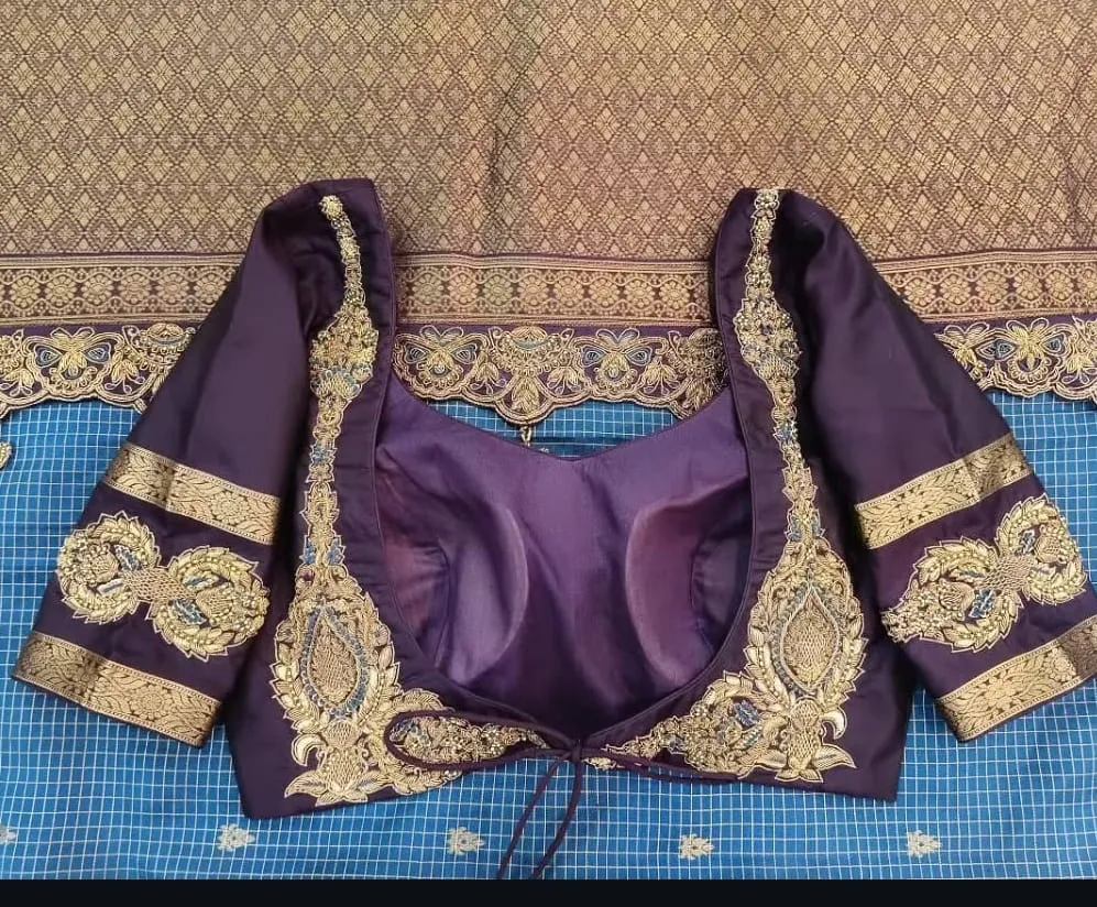 Designer Deep Purple Embroidered Saree Blouse | Premium Silk Readymade Bridal Neckline & Sleeve Work 1
