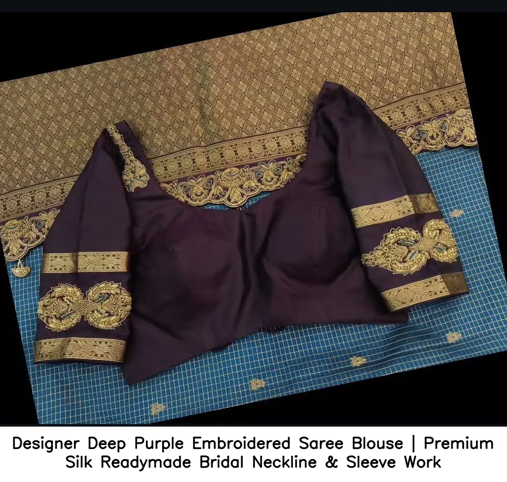 Designer Deep Purple Embroidered Saree Blouse | Premium Silk Readymade Bridal Neckline & Sleeve Work 3