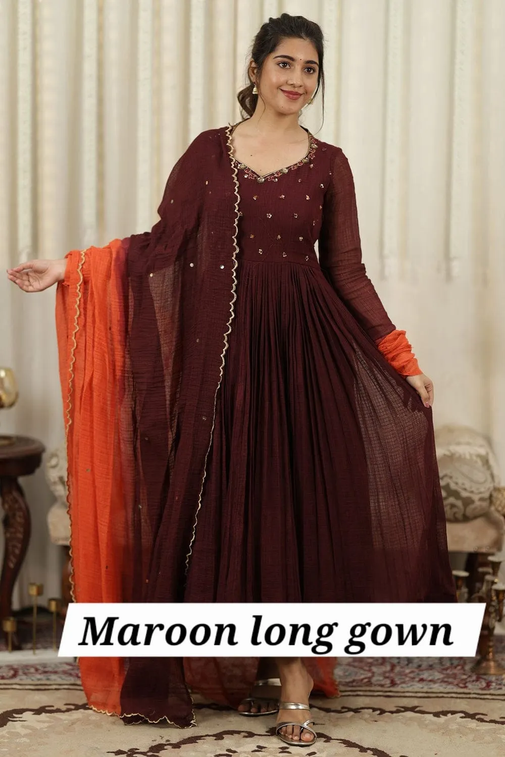 Designer Embroidered Neck Maroon Long Gown | Premium Dual-Tone Scallop Dupatta Outfit