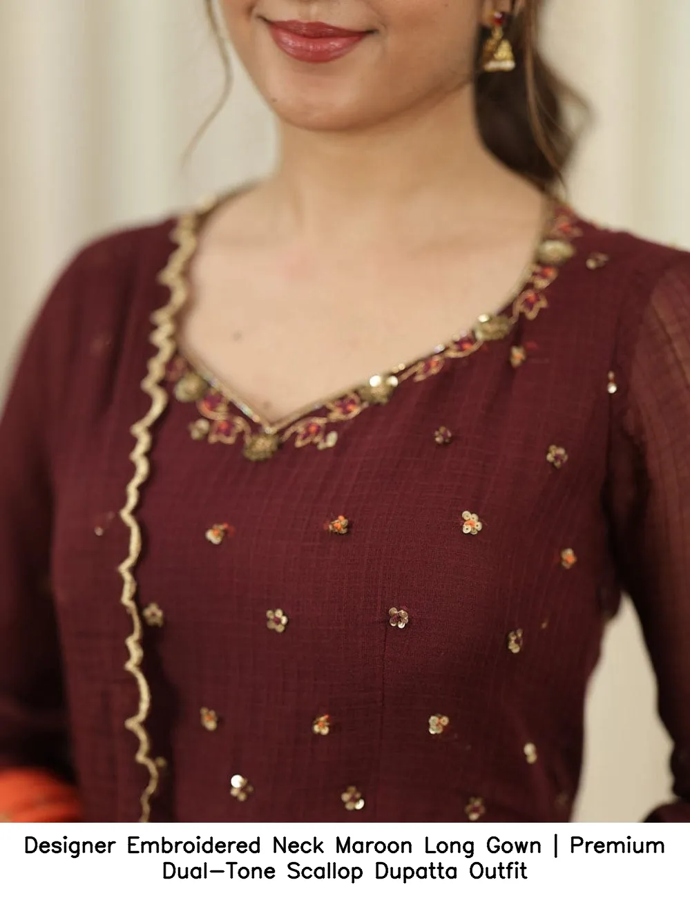 Designer Embroidered Neck Maroon Long Gown | Premium Dual-Tone Scallop Dupatta Outfit 2