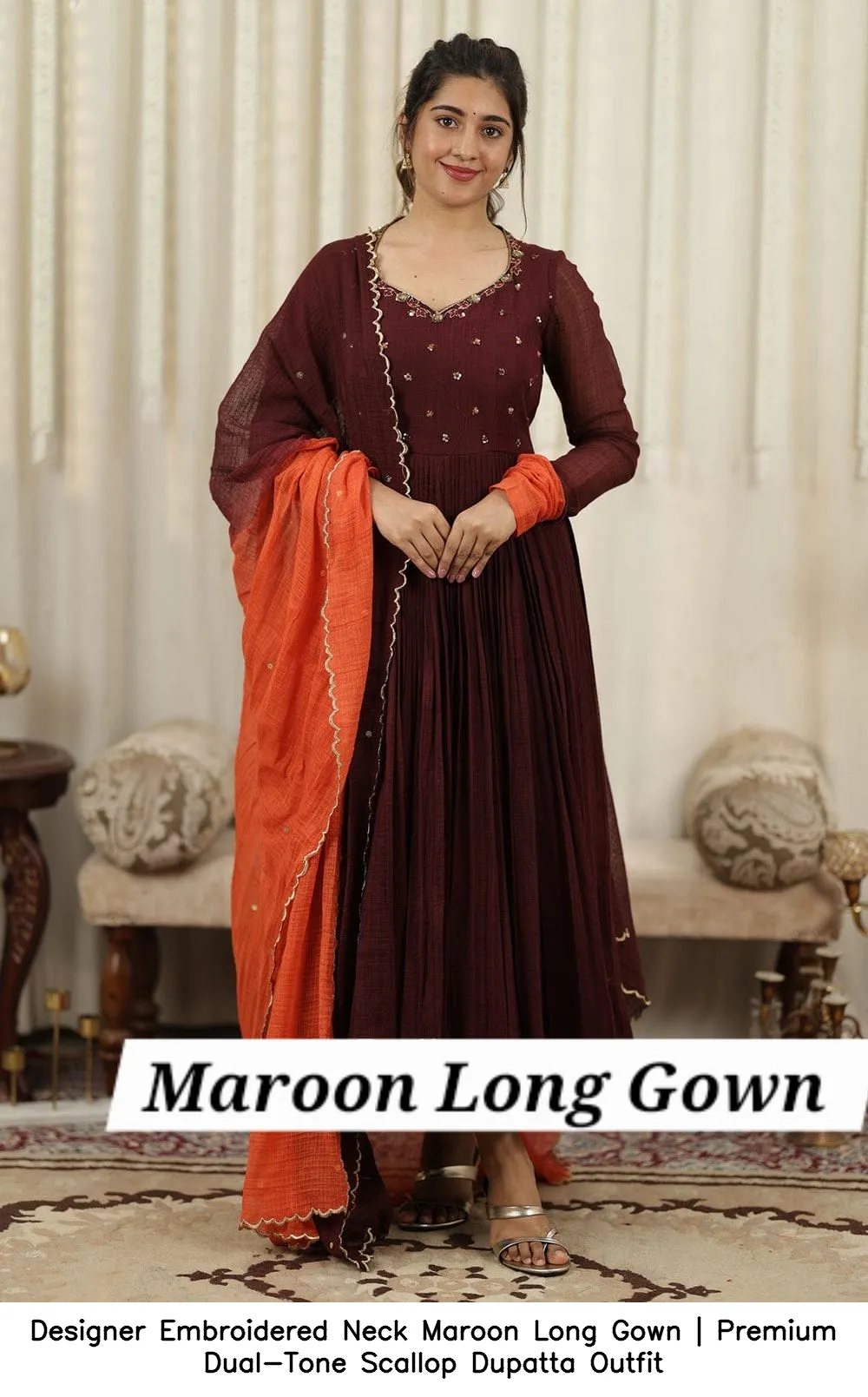 Designer Embroidered Neck Maroon Long Gown | Premium Dual-Tone Scallop Dupatta Outfit 3