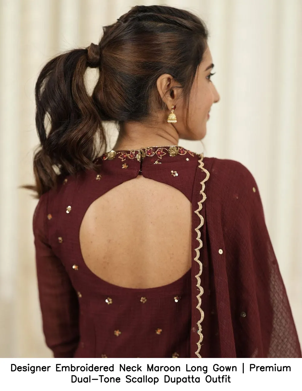 Designer Embroidered Neck Maroon Long Gown | Premium Dual-Tone Scallop Dupatta Outfit 4