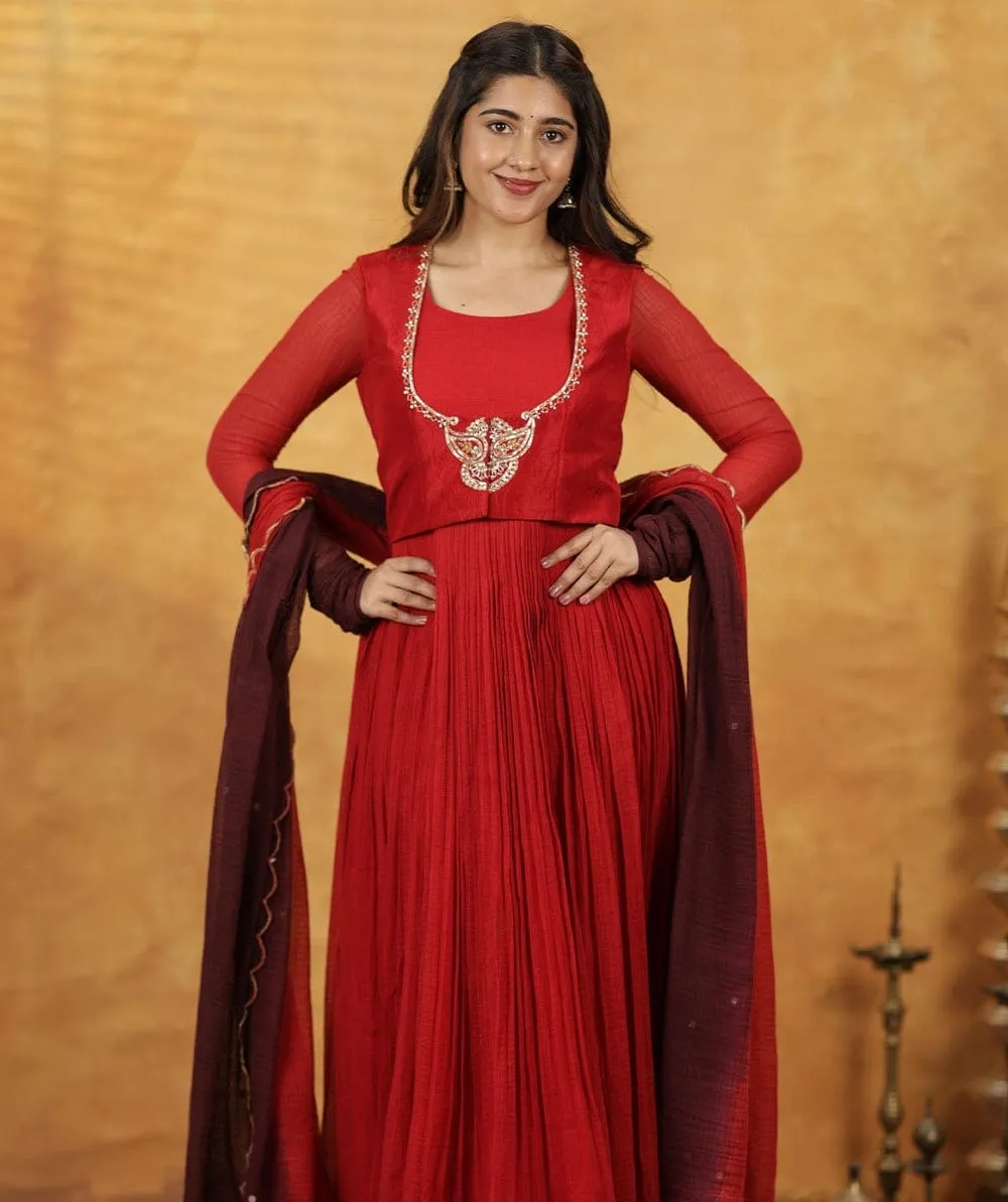Designer Hand Embroidered Jacket Red Anarkali Suit | Premium Scallop Dupatta Outfit