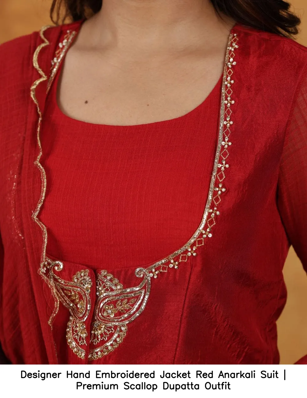 Designer Hand Embroidered Jacket Red Anarkali Suit | Premium Scallop Dupatta Outfit 2