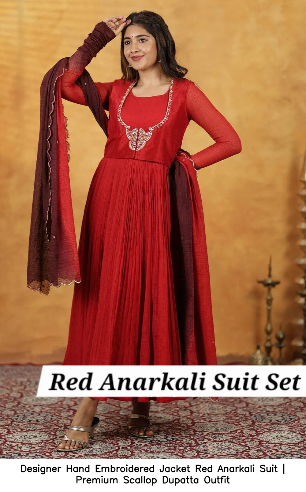 Designer Hand Embroidered Jacket Red Anarkali Suit | Premium Scallop Dupatta Outfit 4
