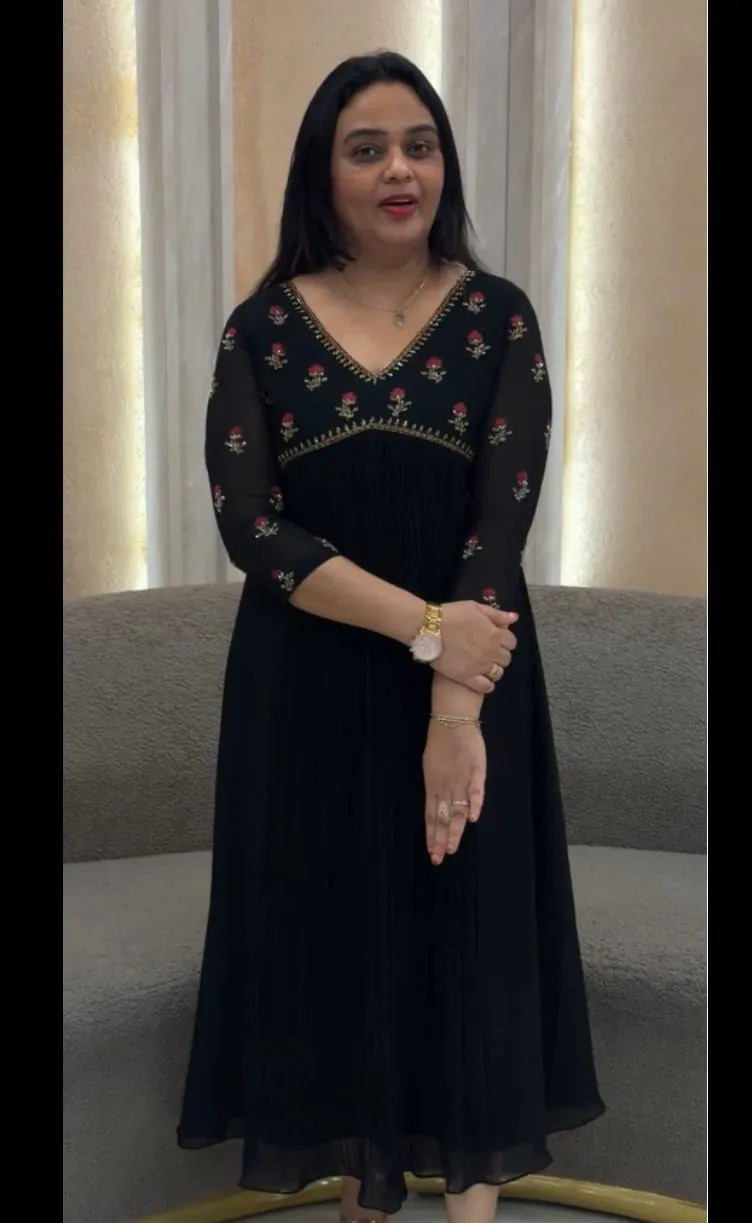 Designer Hand Embroidered V-Neck Black Anarkali | Premium Pleated Party Wear Frock