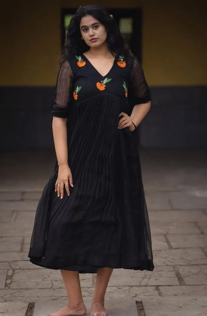 Designer Hand Embroidered V-Neck Black Midi Dress | Premium Pleated Indo-Western Frock