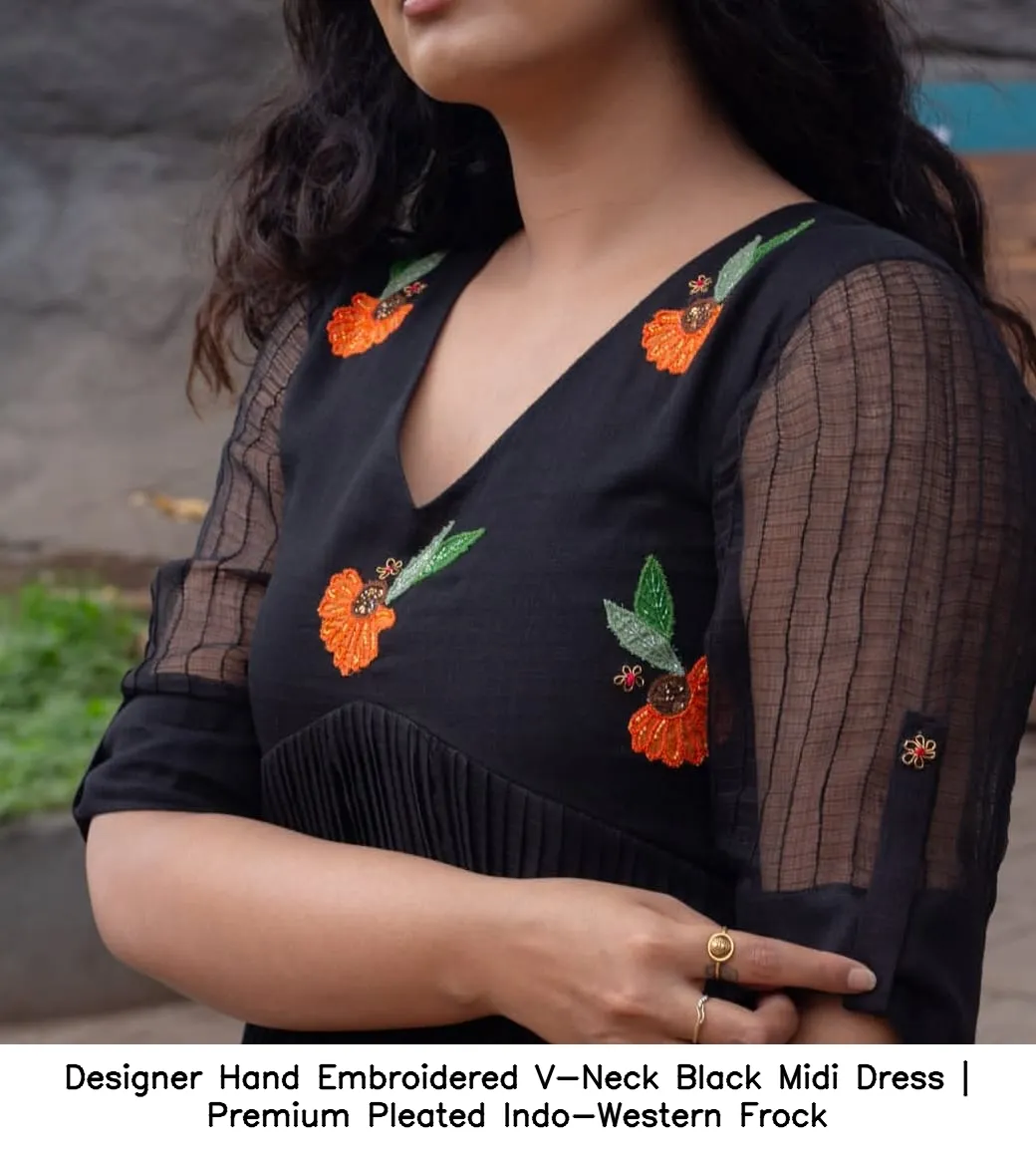 Designer Hand Embroidered V-Neck Black Midi Dress | Premium Pleated Indo-Western Frock 2