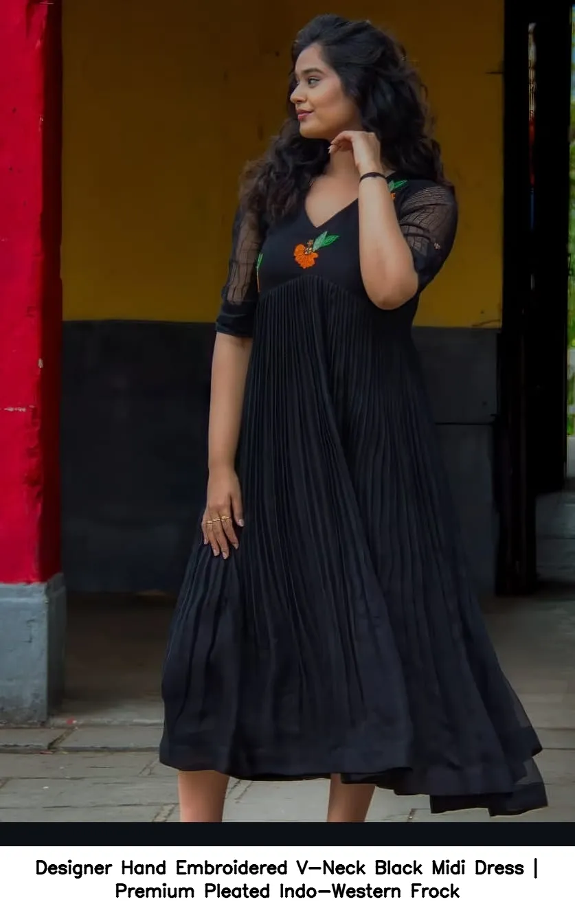 Designer Hand Embroidered V-Neck Black Midi Dress | Premium Pleated Indo-Western Frock 3