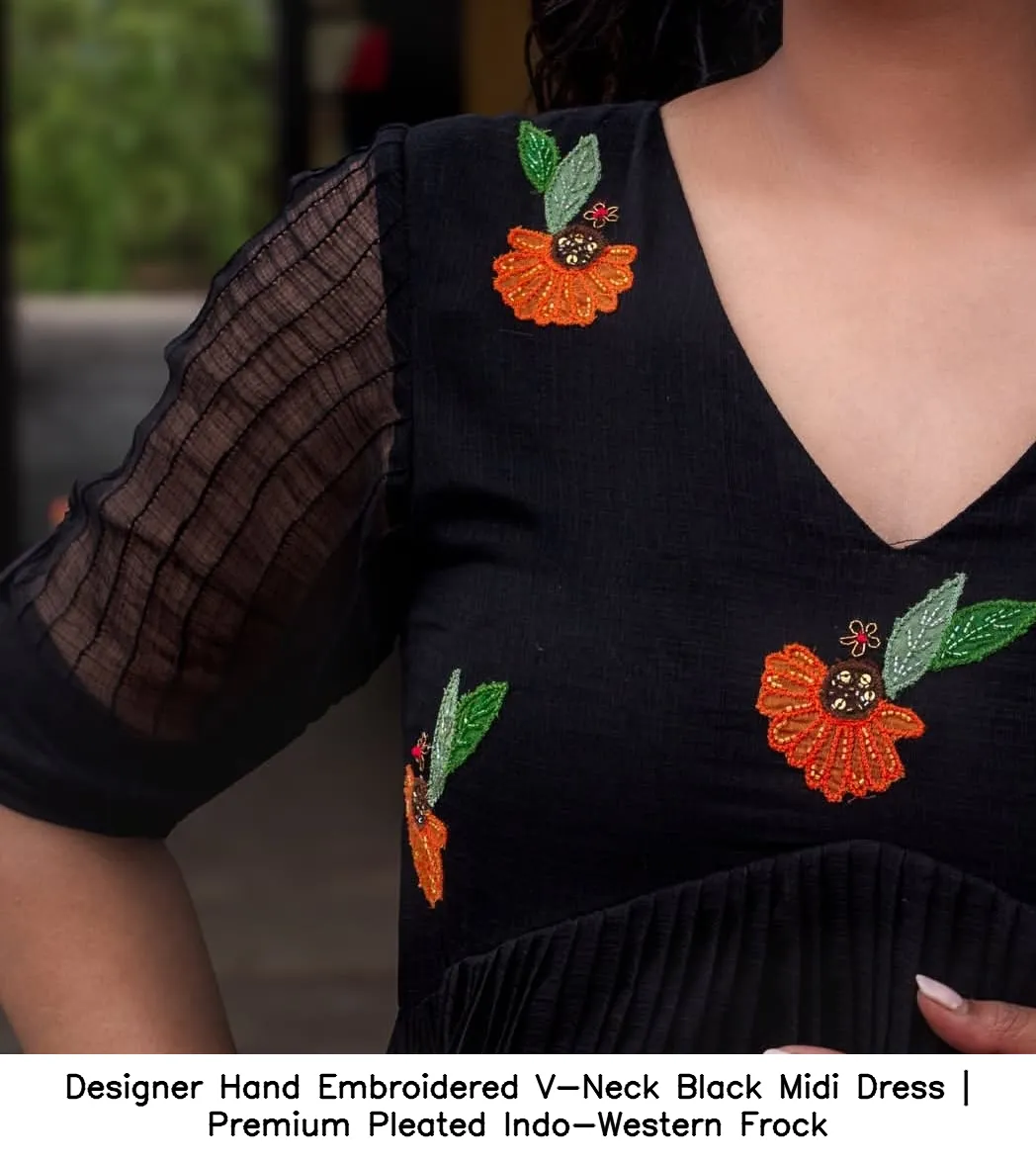 Designer Hand Embroidered V-Neck Black Midi Dress | Premium Pleated Indo-Western Frock 4