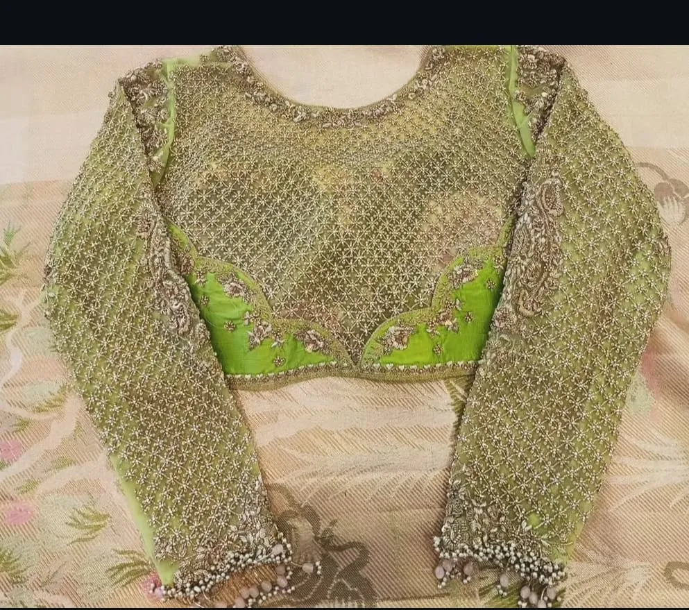 Designer Light Green Full Sleeve Blouse | Premium Heavy Jaal Embroidery & Pearl Hanging Tassel Bridal Blouse 1