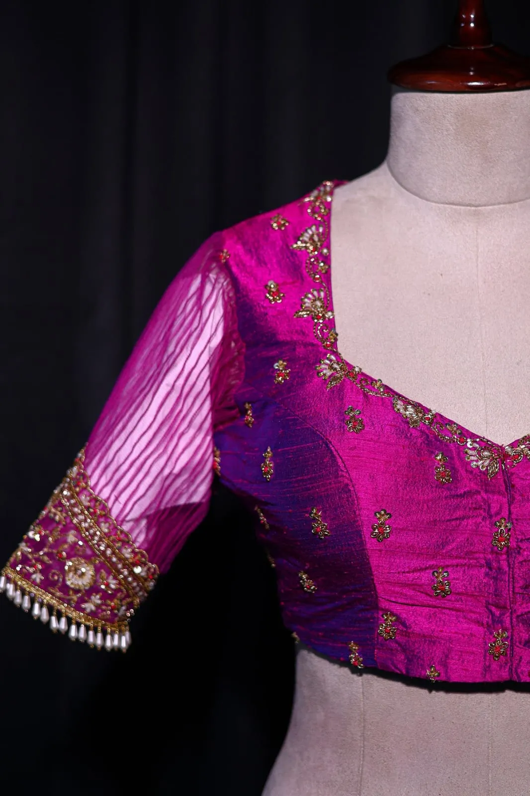 Designer Magenta Pink Padded Silk Saree Blouse with Illusion Net Back & Handcrafted Pearl Bead Maggam Work