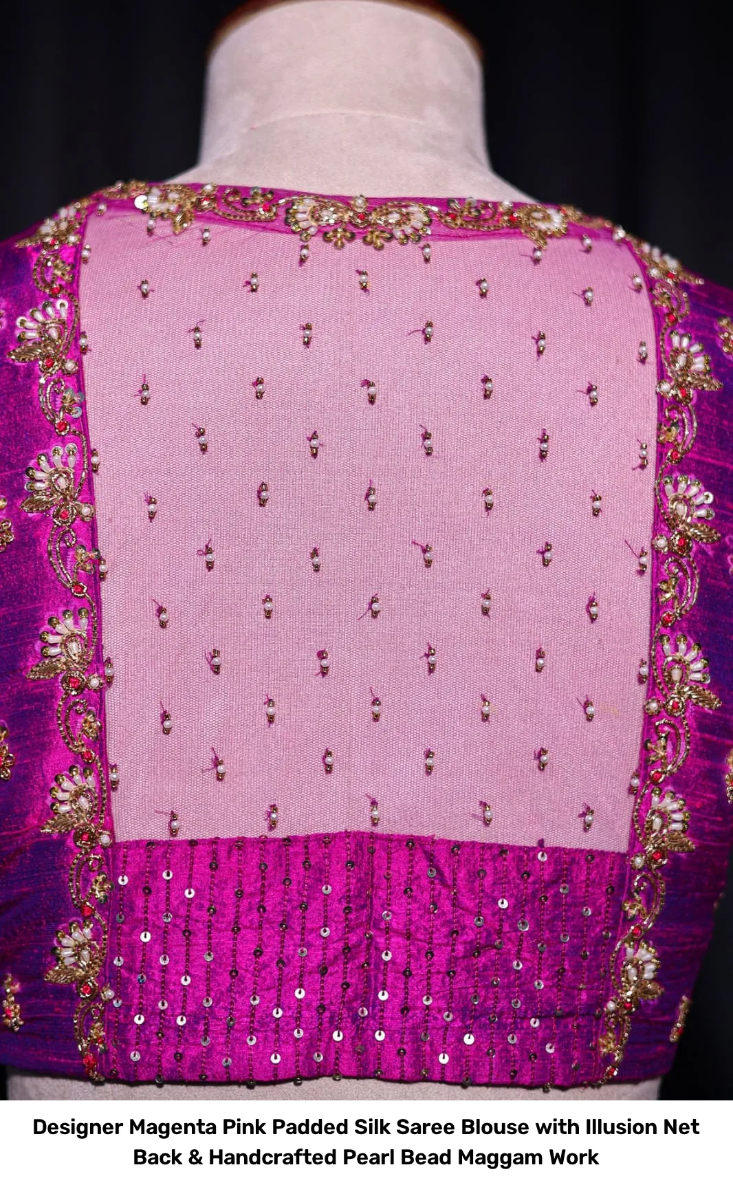 Designer Magenta Pink Padded Silk Saree Blouse with Illusion Net Back & Handcrafted Pearl Bead Maggam Work 2
