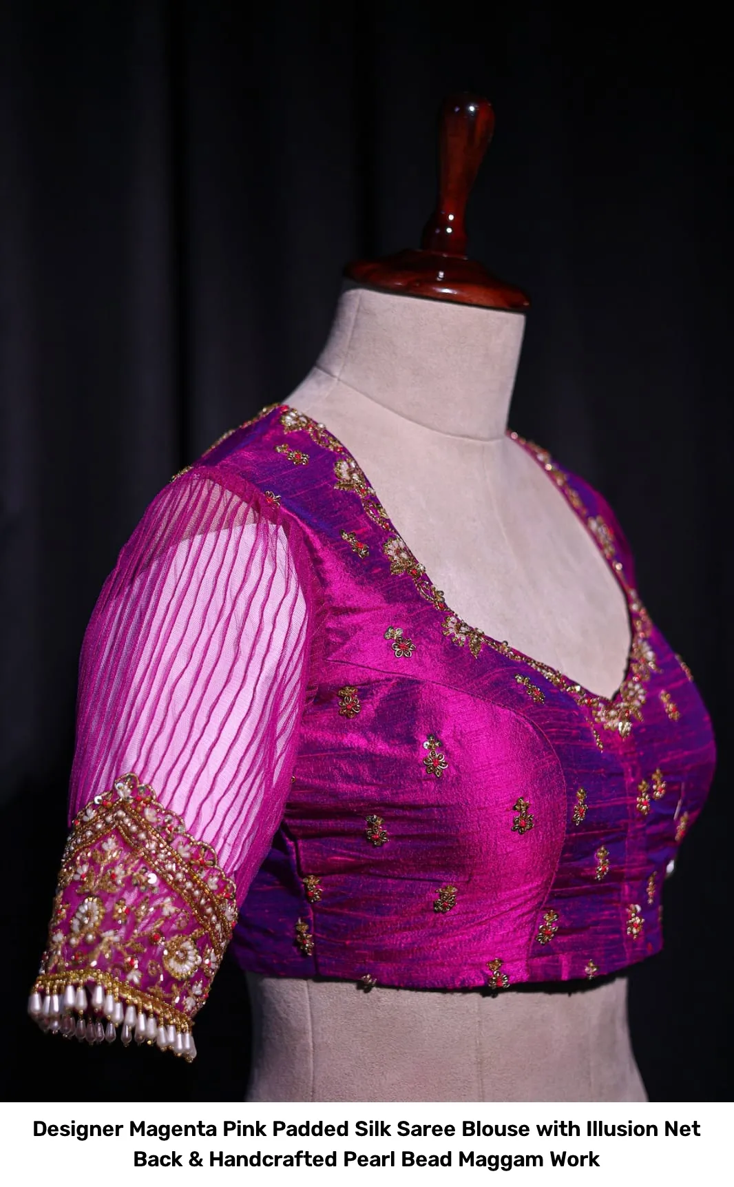 Designer Magenta Pink Padded Silk Saree Blouse with Illusion Net Back & Handcrafted Pearl Bead Maggam Work 3