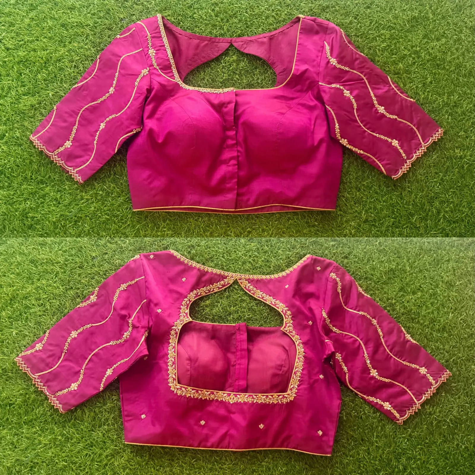 Designer Magenta Pink Saree Blouse | Handcrafted Gold Embroidery Cutwork Back Blouse | Padded Readymade Crop Top 1