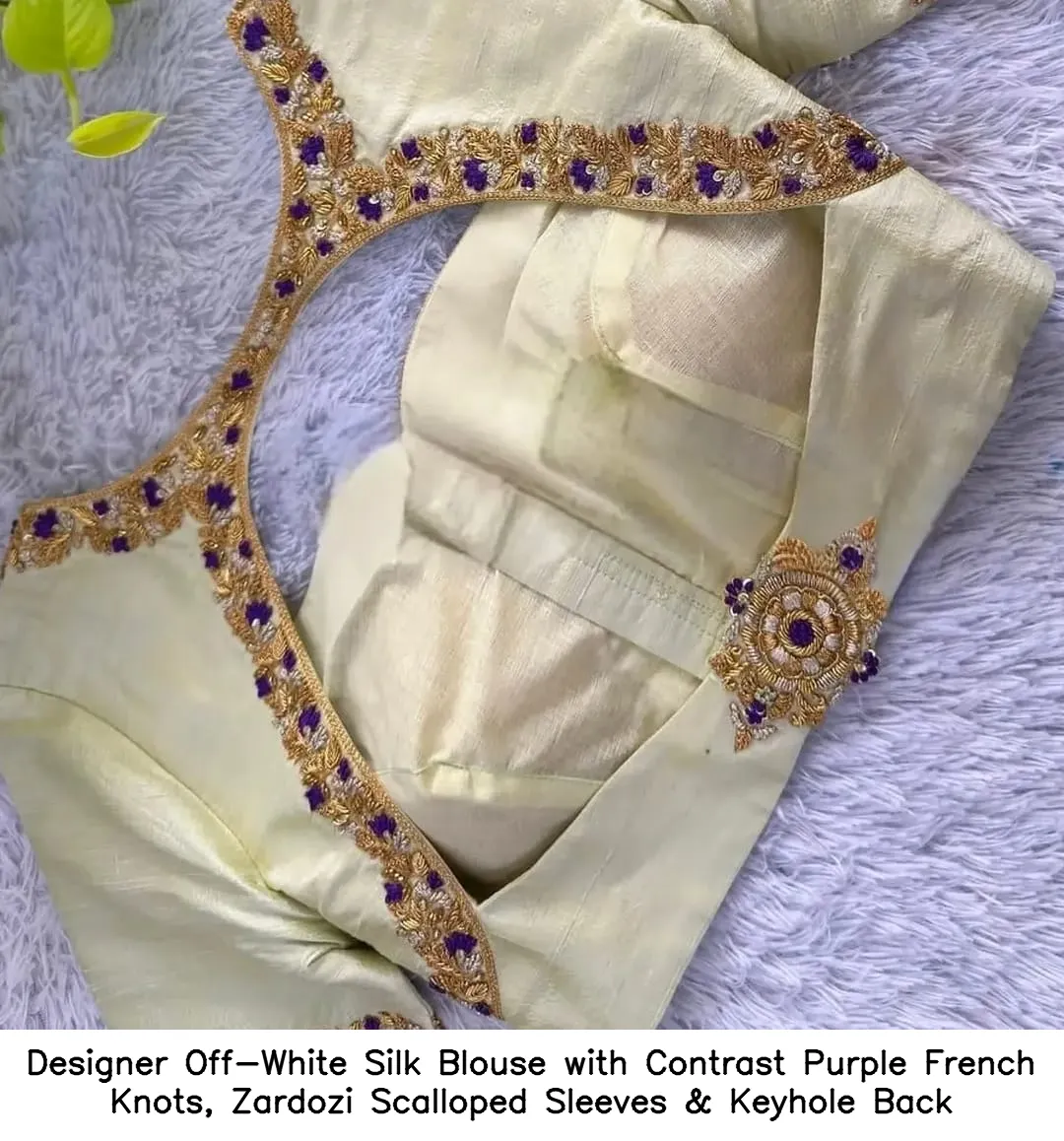 Designer Off-White Silk Blouse with Contrast Purple French Knots, Zardozi Scalloped Sleeves & Keyhole Back 2