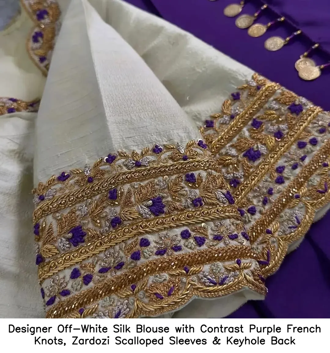 Designer Off-White Silk Blouse with Contrast Purple French Knots, Zardozi Scalloped Sleeves & Keyhole Back 3