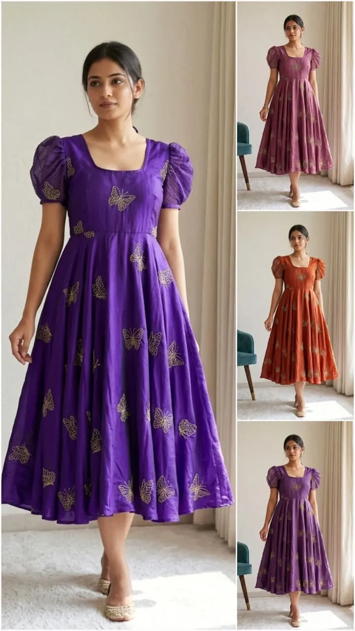Designer Rangoli Silk Butterfly Sequin Work Gown | Ready to Wear Party Midi Dress (M-XXL)