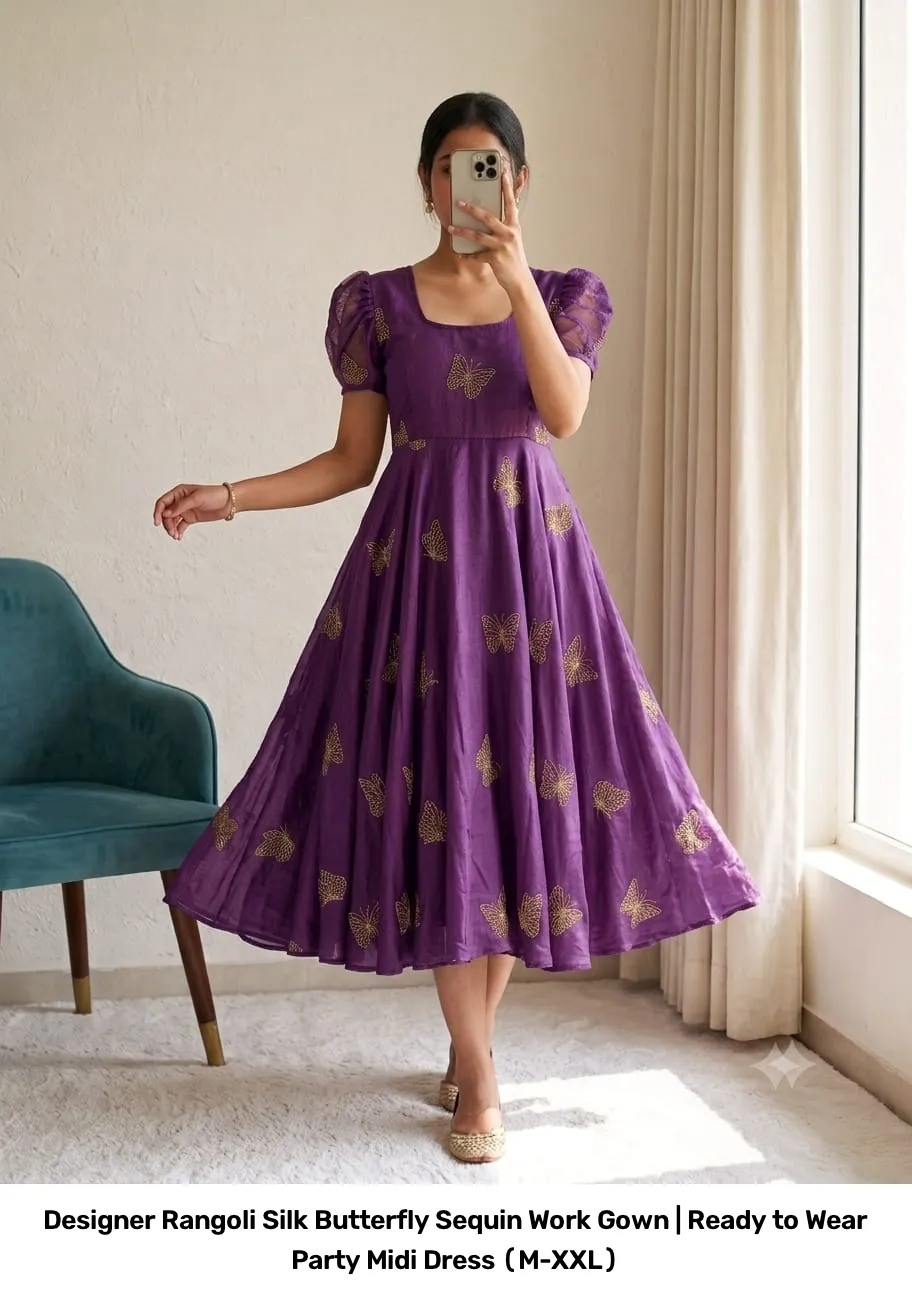 Designer Rangoli Silk Butterfly Sequin Work Gown | Ready to Wear Party Midi Dress (M-XXL) 10