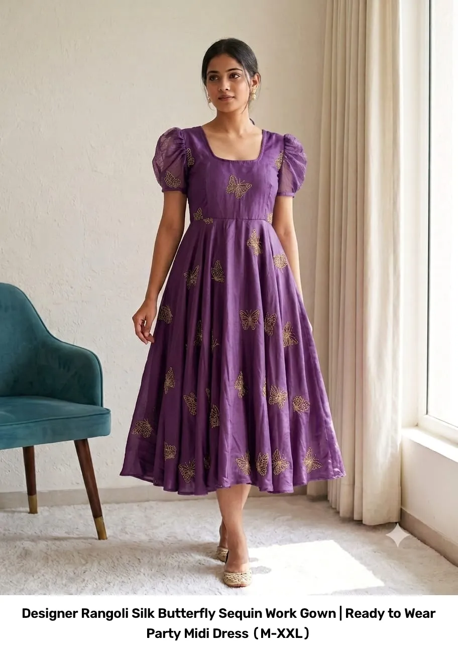 Designer Rangoli Silk Butterfly Sequin Work Gown | Ready to Wear Party Midi Dress (M-XXL) 11