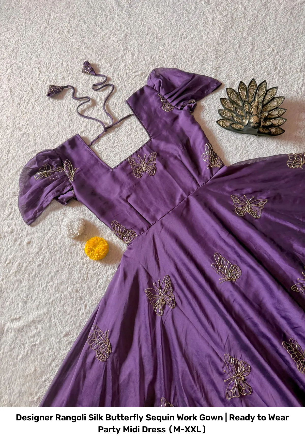 Designer Rangoli Silk Butterfly Sequin Work Gown | Ready to Wear Party Midi Dress (M-XXL) 2