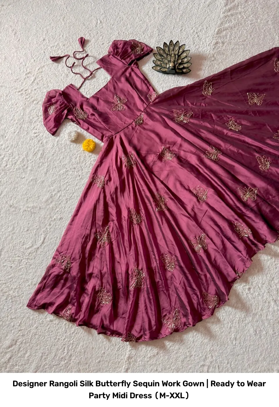 Designer Rangoli Silk Butterfly Sequin Work Gown | Ready to Wear Party Midi Dress (M-XXL) 3
