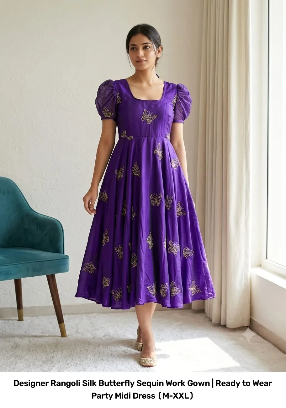 Designer Rangoli Silk Butterfly Sequin Work Gown | Ready to Wear Party Midi Dress (M-XXL) 5