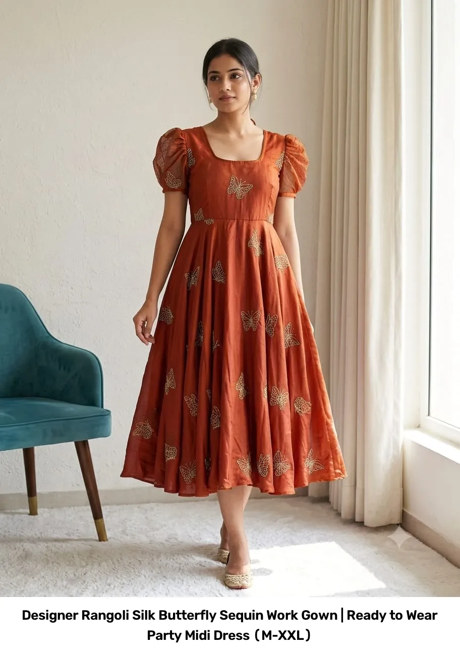 Designer Rangoli Silk Butterfly Sequin Work Gown | Ready to Wear Party Midi Dress (M-XXL) 6