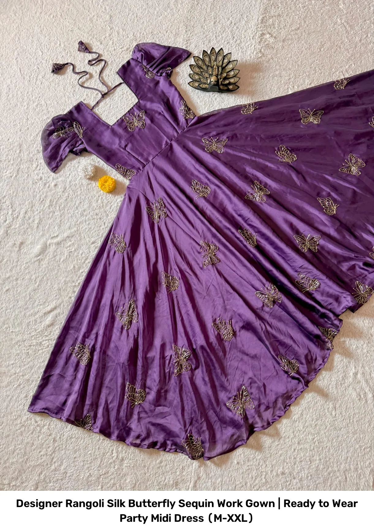 Designer Rangoli Silk Butterfly Sequin Work Gown | Ready to Wear Party Midi Dress (M-XXL) 7